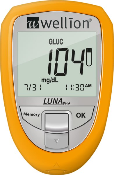 Набір для тестування рівня глюкози, холестерину та сечової кислоти в крові Wellion LUNA Тrio жовтий, ммоль